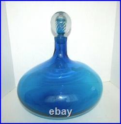 Vintage Blue Joel Myers Blenko Glass Decanter with Twist Stopper Lg 11D 13.5H