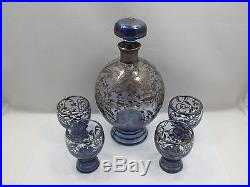 Vintage Blue Tinted Glass Hand Painted Silver Overlay Decanter & Glass Set