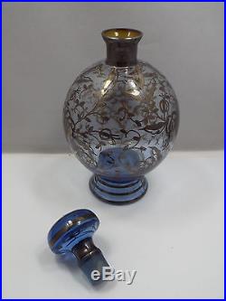Vintage Blue Tinted Glass Hand Painted Silver Overlay Decanter & Glass Set