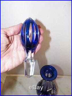 Vintage Bohemia Blue Crystal Cut To Clear Decanter With Stopper 15 3/4