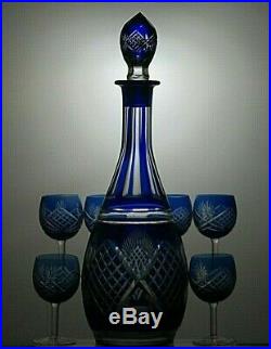 Vintage Bohemia Crystal Cut To Clear Cobalt Blue Decanter With 6 Sherry Glasses