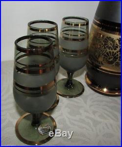 Vintage Bohemia Czechoslovakia Glass 7 Piece Decanter Set Smoke Gray and Gold