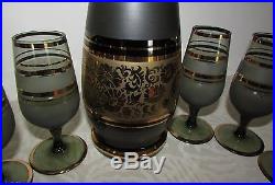 Vintage Bohemia Czechoslovakia Glass 7 Piece Decanter Set Smoke Gray and Gold