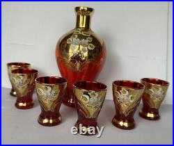 Vintage Bohemia Czechoslovakia Red Glass Gold Enameled Flowers Decanter Set