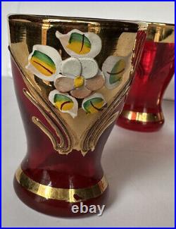 Vintage Bohemia Czechoslovakia Red Glass Gold Enameled Flowers Decanter Set