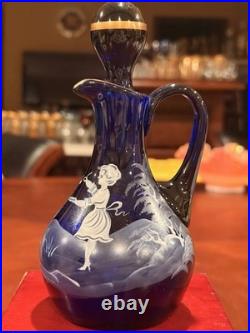 Vintage Bohemia Glass Cobalt Mary Gregory Cruet Oil Bottle Decanter Stopper 6.5