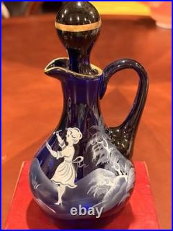 Vintage Bohemia Glass Cobalt Mary Gregory Cruet Oil Bottle Decanter Stopper 6.5