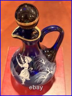 Vintage Bohemia Glass Cobalt Mary Gregory Cruet Oil Bottle Decanter Stopper 6.5