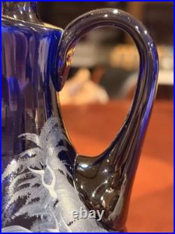 Vintage Bohemia Glass Cobalt Mary Gregory Cruet Oil Bottle Decanter Stopper 6.5