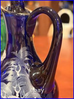 Vintage Bohemia Glass Cobalt Mary Gregory Cruet Oil Bottle Decanter Stopper 6.5