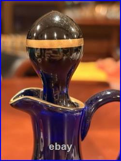 Vintage Bohemia Glass Cobalt Mary Gregory Cruet Oil Bottle Decanter Stopper 6.5