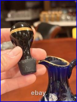 Vintage Bohemia Glass Cobalt Mary Gregory Cruet Oil Bottle Decanter Stopper 6.5