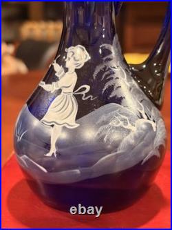 Vintage Bohemia Glass Cobalt Mary Gregory Cruet Oil Bottle Decanter Stopper 6.5