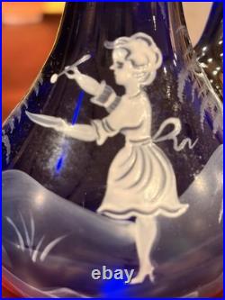 Vintage Bohemia Glass Cobalt Mary Gregory Cruet Oil Bottle Decanter Stopper 6.5
