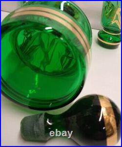 Vintage Bohemia Glass Czech Green Decanter & Glasses Gilt & White Pattern Labels