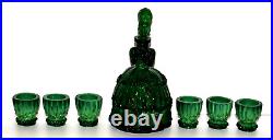 Vintage Bohemia Green Malachite Art Glass Decanter Bottle, Shot Cordial/Glasses