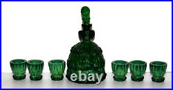 Vintage Bohemia Green Malachite Art Glass Decanter Bottle, Shot Cordial/Glasses