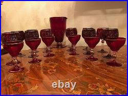 Vintage Bohemia Red Glass Set Decanter Pot With 12 Big Glasses 6 Small glasses