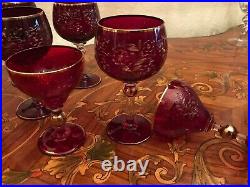 Vintage Bohemia Red Glass Set Decanter Pot With 12 Big Glasses 6 Small glasses