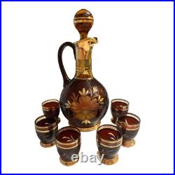 Vintage Bohemian Amber Glass Decanter Set With 6 Glasses And Topper MCM 10