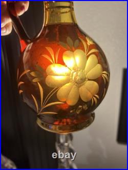 Vintage Bohemian Amber Glass Decanter Set With 6 Glasses And Topper MCM 10