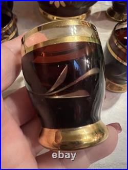 Vintage Bohemian Amber Glass Decanter Set With 6 Glasses And Topper MCM 10