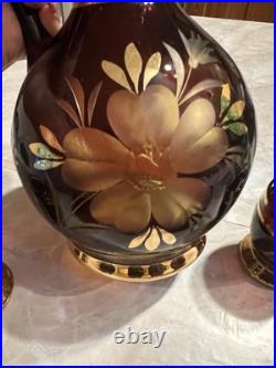 Vintage Bohemian Amber Glass Decanter Set With 6 Glasses And Topper MCM 10