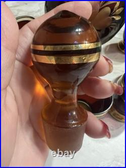 Vintage Bohemian Amber Glass Decanter Set With 6 Glasses And Topper MCM 10