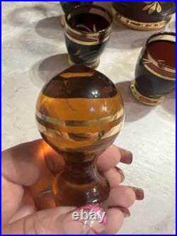 Vintage Bohemian Amber Glass Decanter Set With 6 Glasses And Topper MCM 10