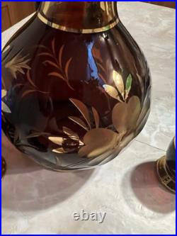 Vintage Bohemian Amber Glass Decanter Set With 6 Glasses And Topper MCM 10