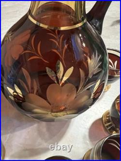 Vintage Bohemian Amber Glass Decanter Set With 6 Glasses And Topper MCM 10