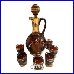 Vintage Bohemian Amber Glass Decanter Set With 6 Glasses And Topper MCM 10
