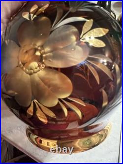 Vintage Bohemian Amber Glass Decanter Set With 6 Glasses And Topper MCM 10