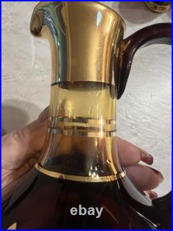 Vintage Bohemian Amber Glass Decanter Set With 6 Glasses And Topper MCM 10