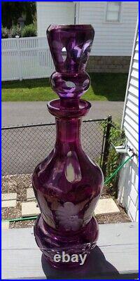 Vintage Bohemian Amethyst Cut To Clear Crystal Glass 16'' Decanter & Stopper