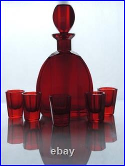 Vintage Bohemian Art Deco Ruby Glass Decanter Set 5 Shot Glasses, 1920s-1940