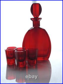Vintage Bohemian Art Deco Ruby Glass Decanter Set 5 Shot Glasses, 1920s-1940