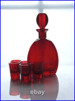 Vintage Bohemian Art Deco Ruby Glass Decanter Set 5 Shot Glasses, 1920s-1940