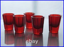 Vintage Bohemian Art Deco Ruby Glass Decanter Set 5 Shot Glasses, 1920s-1940