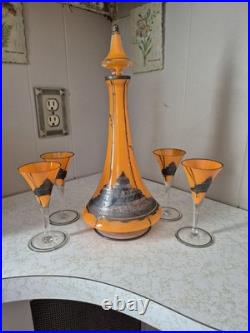 Vintage Bohemian Art Deco Tango Glass Decanter Enamelled Silvel Four Glass Set