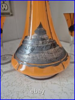 Vintage Bohemian Art Deco Tango Glass Decanter Enamelled Silvel Four Glass Set