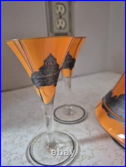 Vintage Bohemian Art Deco Tango Glass Decanter Enamelled Silvel Four Glass Set Vintage Bohemian Art Deco Tango Glass Decanter Enamelled Silvel Four Glass Set