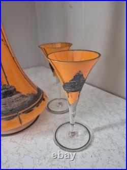 Vintage Bohemian Art Deco Tango Glass Decanter Enamelled Silvel Four Glass Set