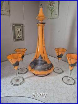 Vintage Bohemian Art Deco Tango Glass Decanter Enamelled Silvel Four Glass Set