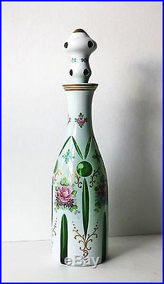 Vintage Bohemian Art Glass White Cut To Green Decanter Bottle Stopper Rare
