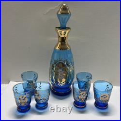Vintage Bohemian Blue Glass WithGold Accents Decanter Set With6 Glasses Hand Painted