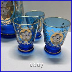 Vintage Bohemian Blue Glass WithGold Accents Decanter Set With6 Glasses Hand Painted