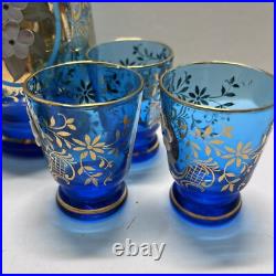 Vintage Bohemian Blue Glass WithGold Accents Decanter Set With6 Glasses Hand Painted