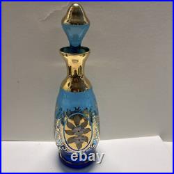Vintage Bohemian Blue Glass WithGold Accents Decanter Set With6 Glasses Hand Painted