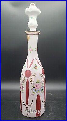 Vintage Bohemian Cameo Glass Cut Cranberry Floral Gilded Decanter Stopper Bottle